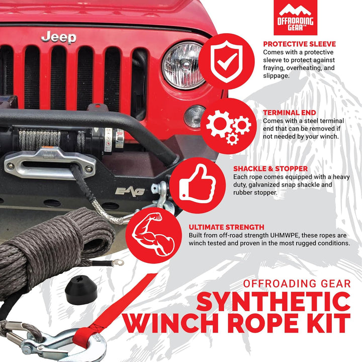 Synthetic Winch Rope Kit w/ Snap Hook and Rubber Stopper