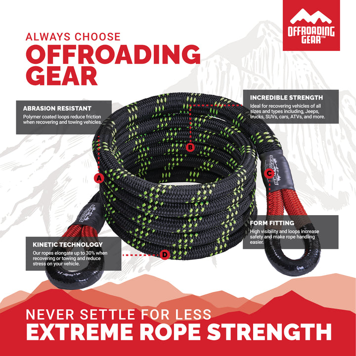 Offroading Gear Kinetic Recovery & Tow Rope | Elastic Snatch Strap | Heavy Duty Loops |