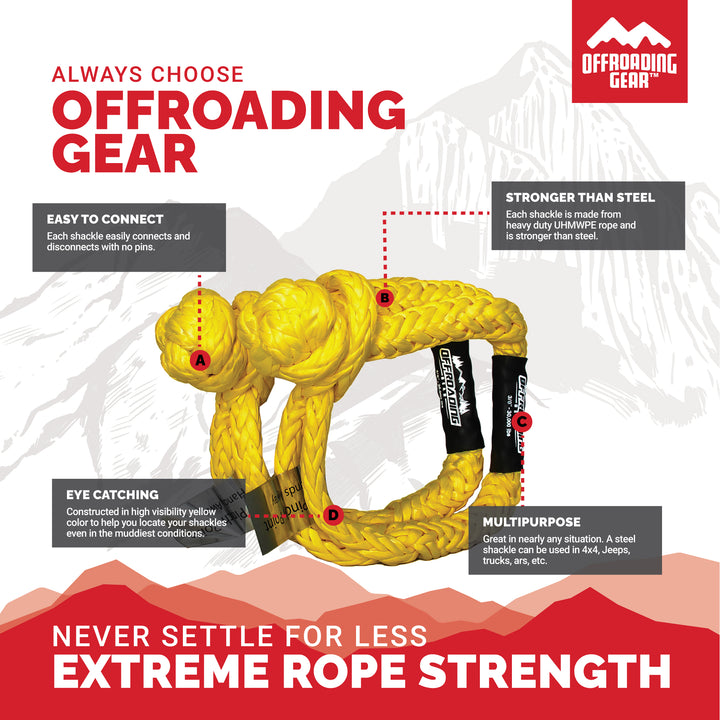 Offroading Gear Set of Two Synthetic Soft Rope Shackles w/Free Storage Bag