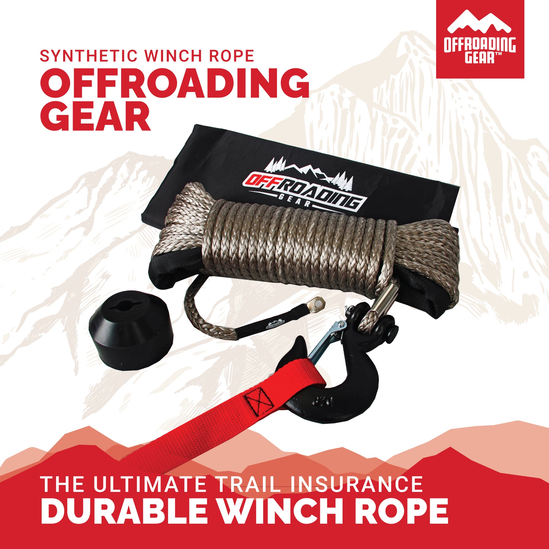 Offroading Gear 50'X3/16 Synthetic Winch Rope Kit w/Snap Hook and Rubber Stopper for 4X4/Atv/Etc.