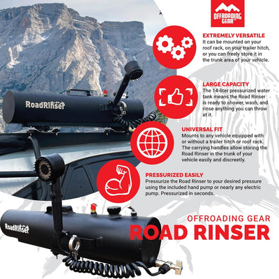 Road Rinser™ 14 Liter Pressurized Water Tank & Shower, Roof Rack or Hitch Mounted | Camping | Overland