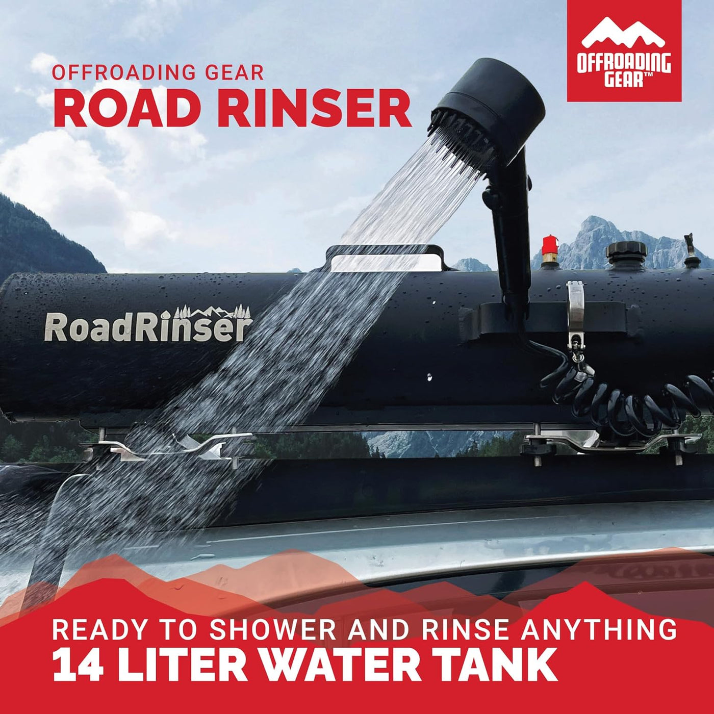 Road Rinser™ 14 Liter Pressurized Water Tank & Shower, Roof Rack or Hitch Mounted | Camping | Overland