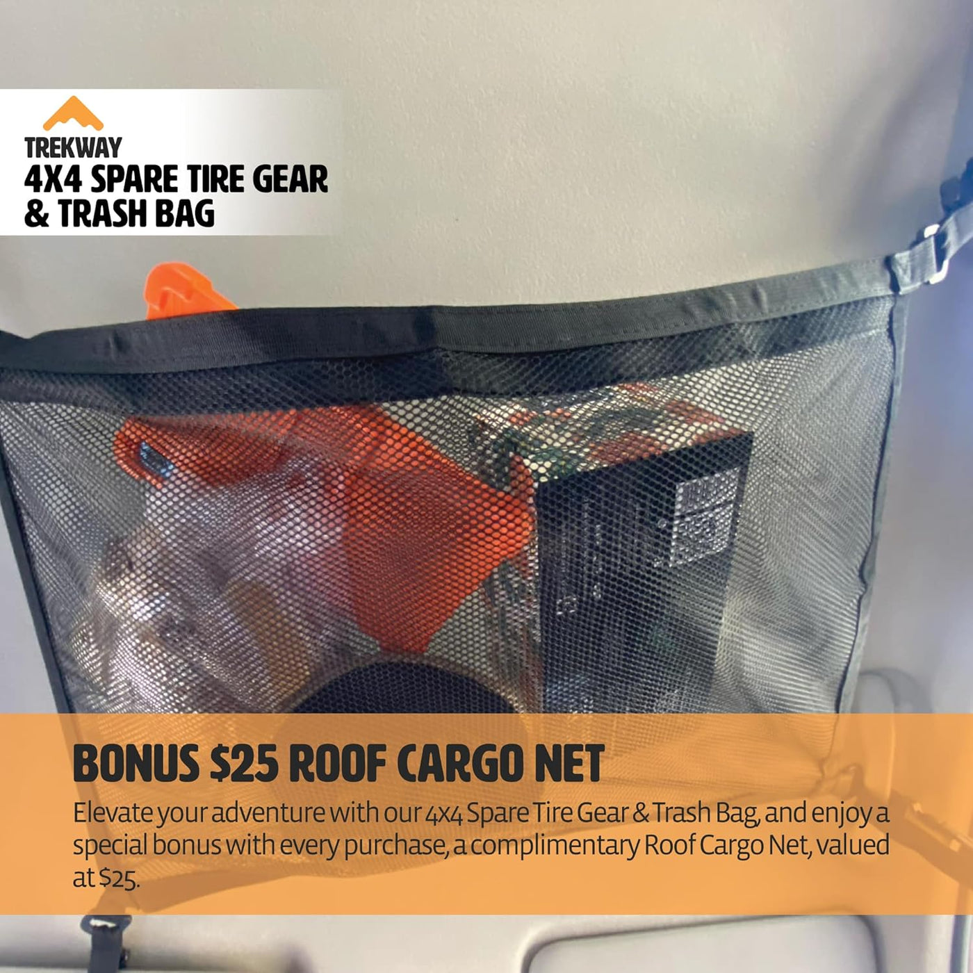 4x4 Waterproof Spare Tire Trash Bag w/ FREE CARGO NET, Rear Tailgate Bag, and Seat Organizer