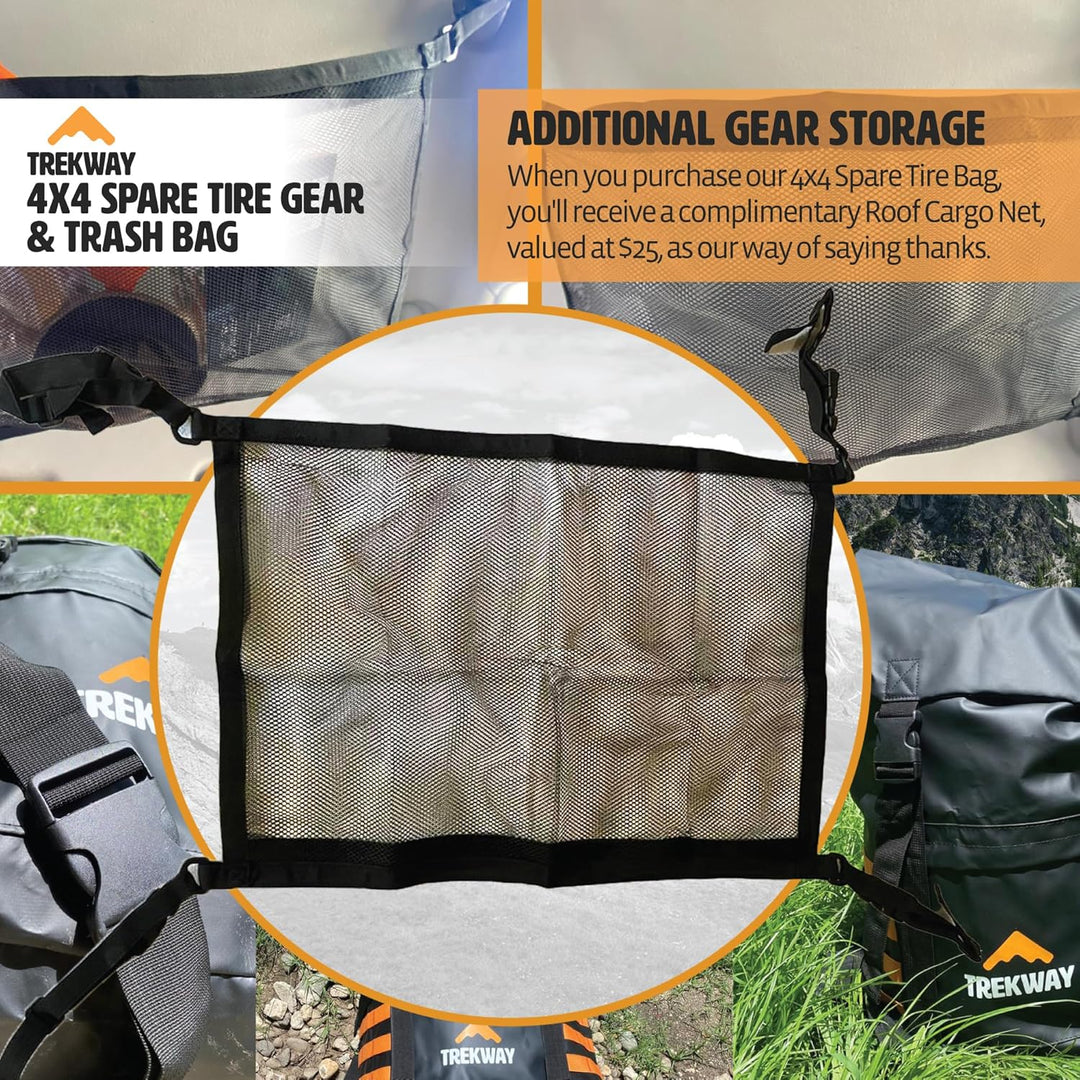 4x4 Waterproof Spare Tire Trash Bag w/ FREE CARGO NET, Rear Tailgate Bag, and Seat Organizer