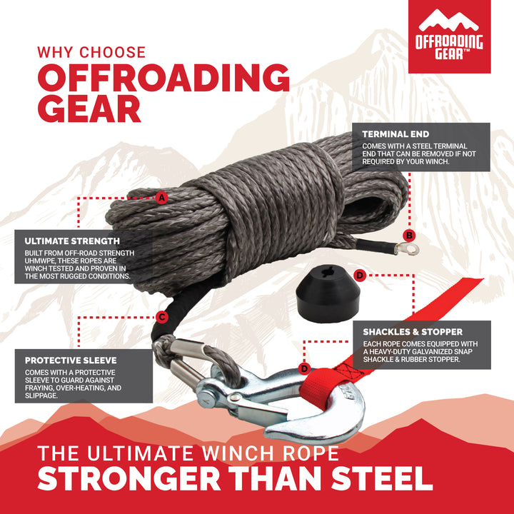 Synthetic Winch Rope Kit w/ Snap Hook and Rubber Stopper